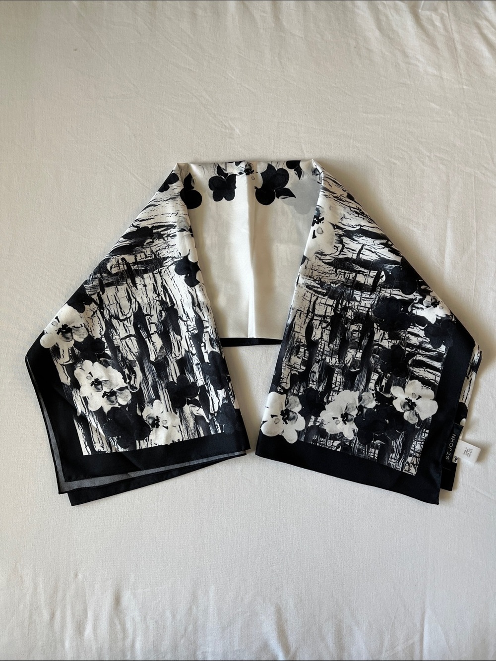 St John Luxury Black White 100% Silk Scarf Square
